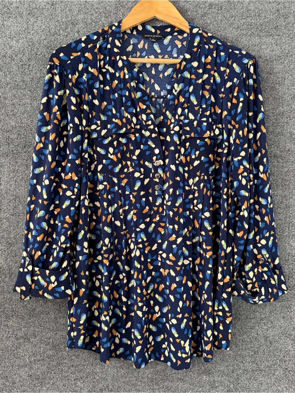 Ava & Grace Womens 3/4 Sleeve Top Size Large Blue Painted Dots Office Stretch